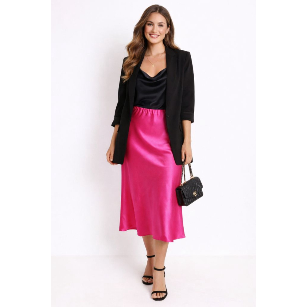 The Drop XL Hot Pink Satin Midi Skirt Elastic Waist Barbiecore Party Date Night - Picture 2 of 7